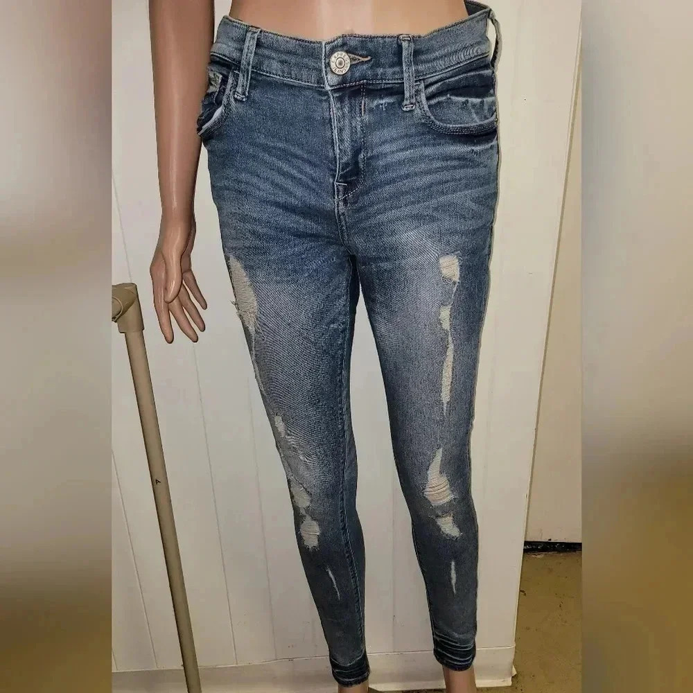 Express Distressed Skinny Jeans Mid Rise Blue Denim Size 2